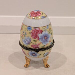 Limoges Hand Painted Egg France Trinket Box with Pink and Blue Flowers